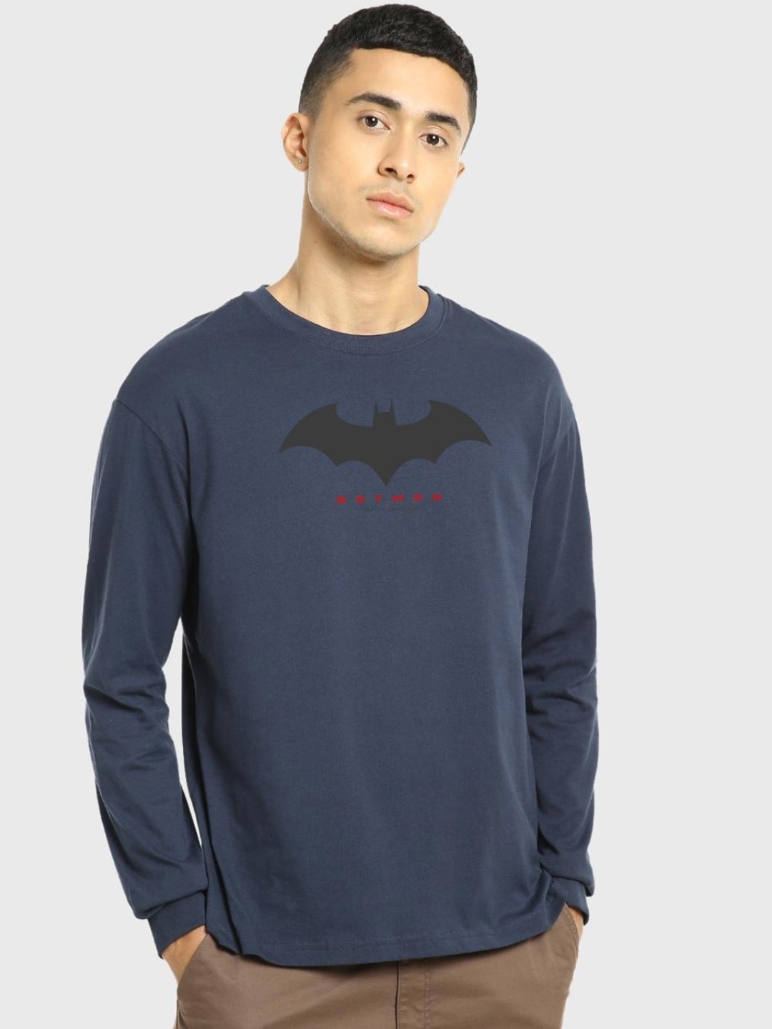 

Bewakoof Batman Printed Drop-Shoulder Sleeves Oversized Fit T-shirt, Blue