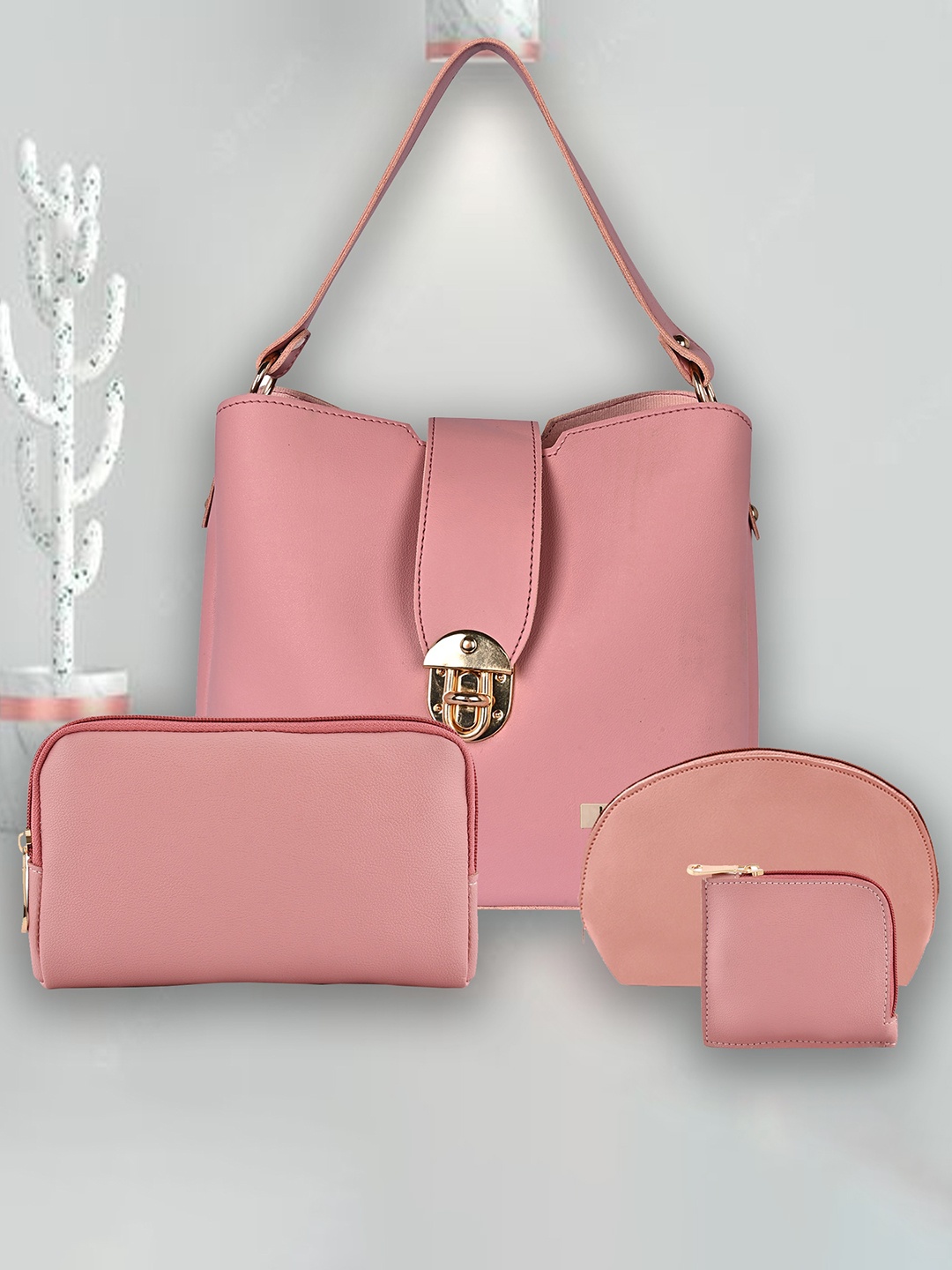 

LaFille Set of 4 PU Structured Handheld Bag, Pink