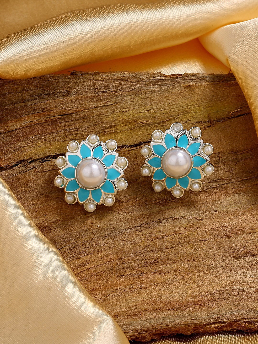 

Estele Rhodium-Plated Floral Studs Earrings, Blue