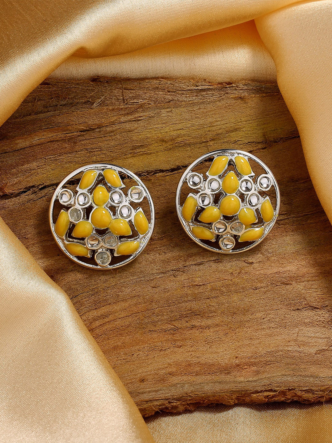 

Estele Rhodium-Plated Circular Studs Earrings, Yellow