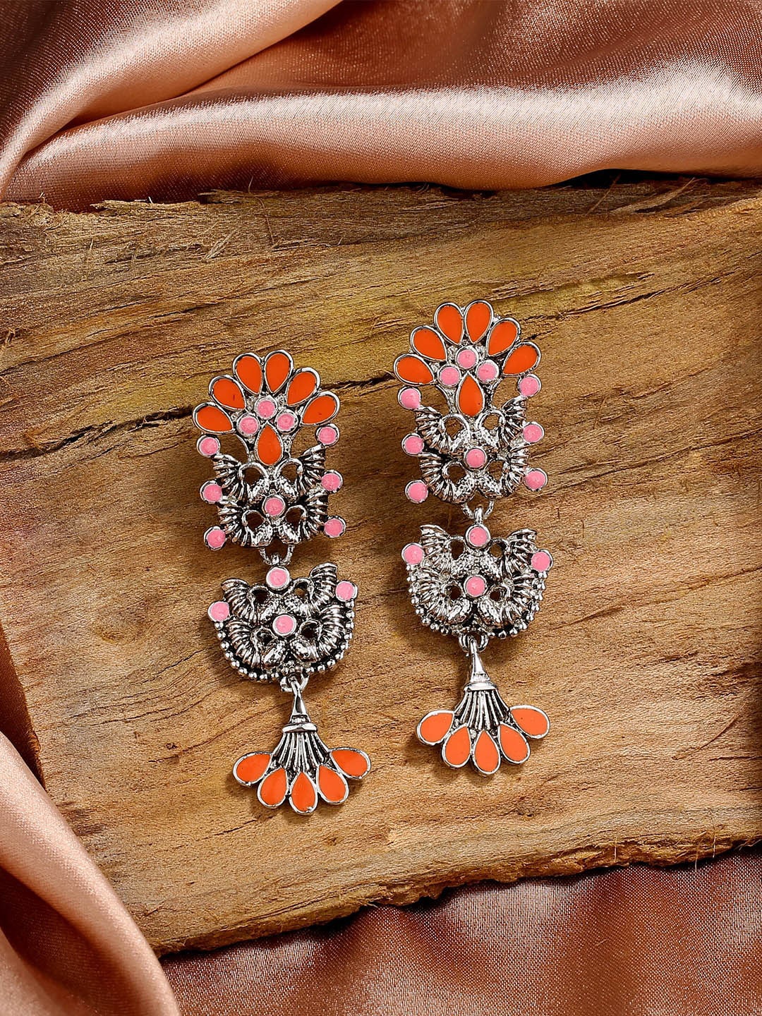 

Estele Rhodium-Plated Peacock Shaped Drop Earrings, Orange