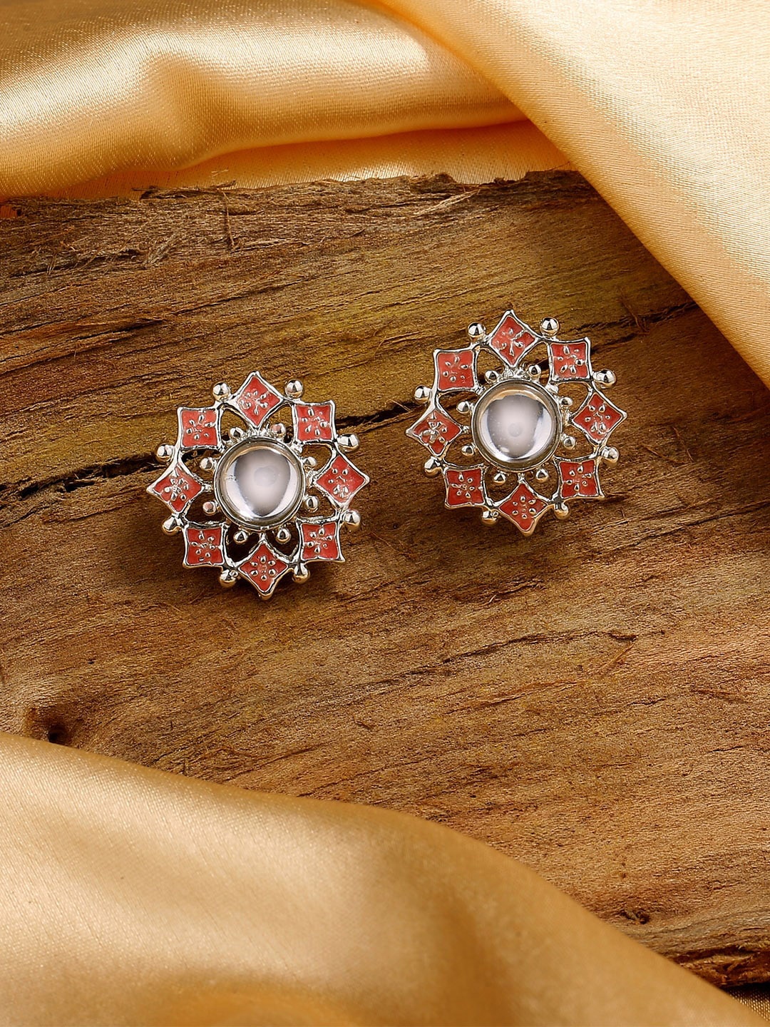 

Estele Rhodium-Plated Kundan Studded Floral Studs Earrings, Orange
