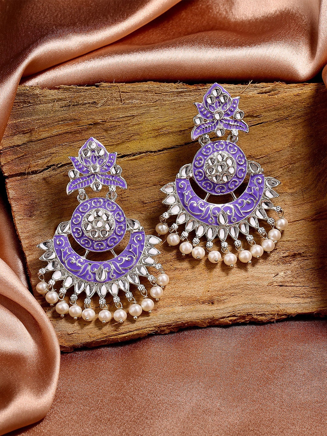 

Estele Rhodium-Plated Kundan Contemporary Chandbalis Earrings, Purple