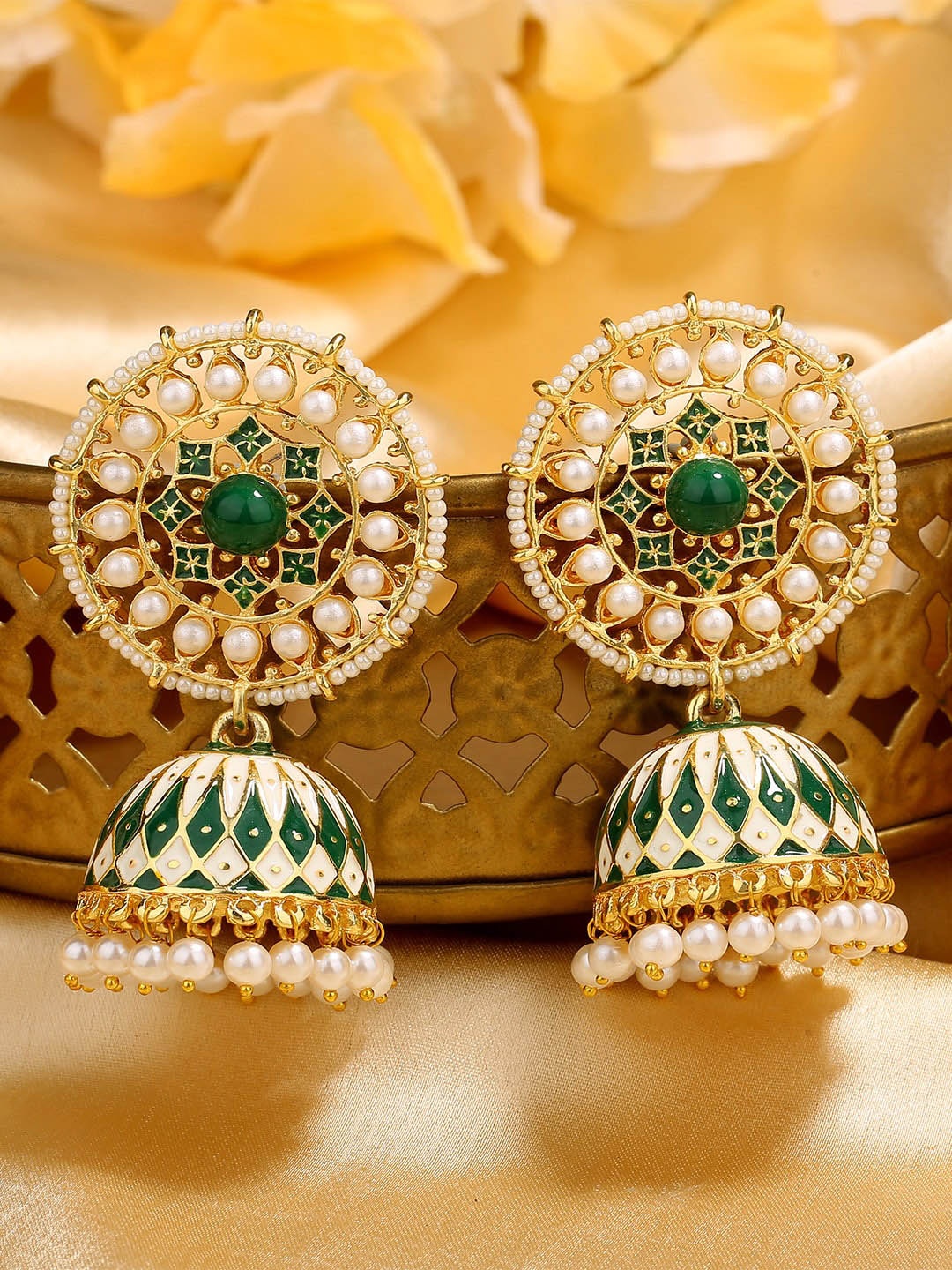 

Estele Gold-Plated Stone Studded & Beaded Circular Jhumkas Earrings, Green