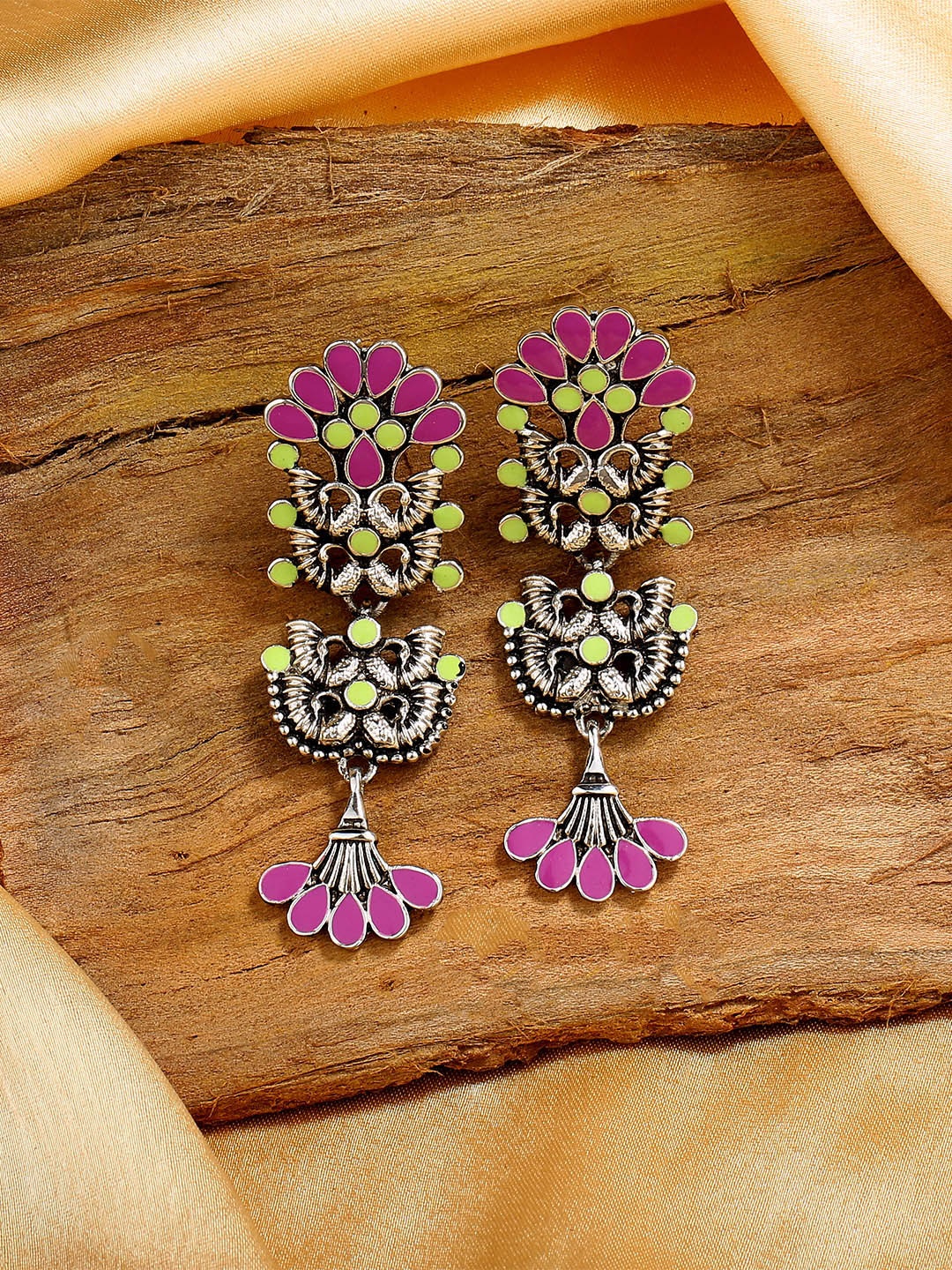 

Estele Rhodium-Plated Oxidised Peacock Shaped Drop Earrings, Purple