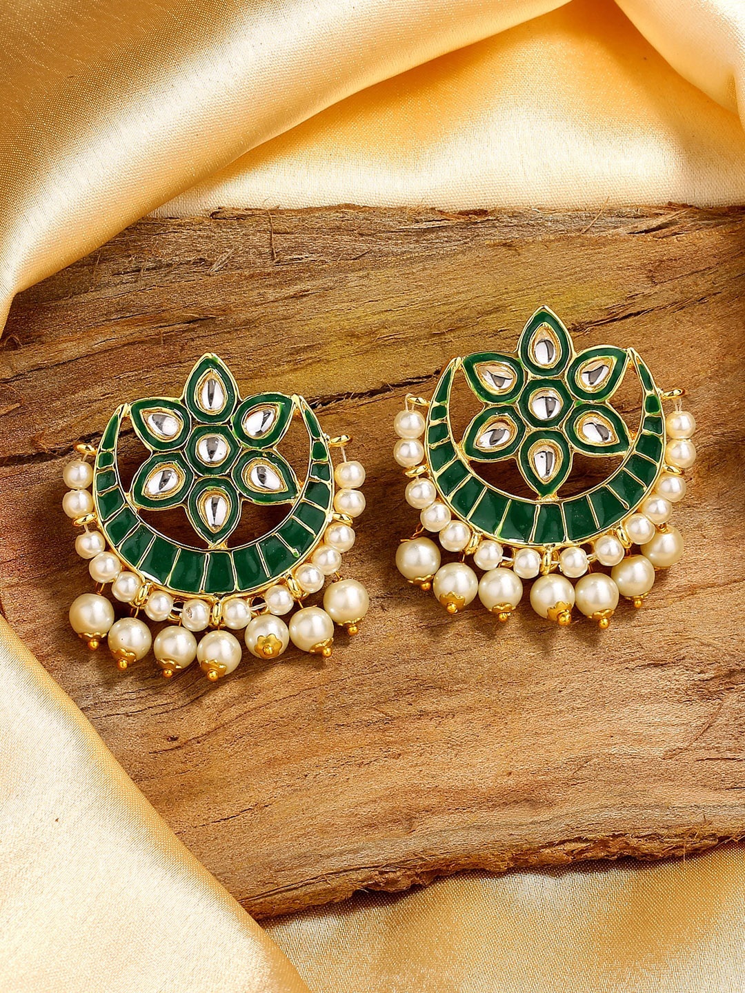 

Estele Gold-Plated Stone Studded & Beaded Floral Chandbalis Earrings, Green