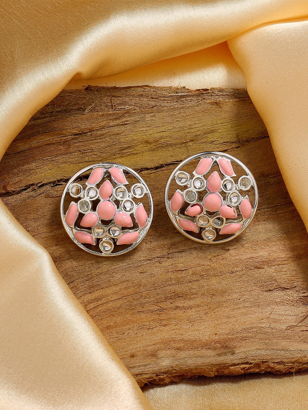 

Estele Rhodium-Plated Circular Studs Earrings, Pink