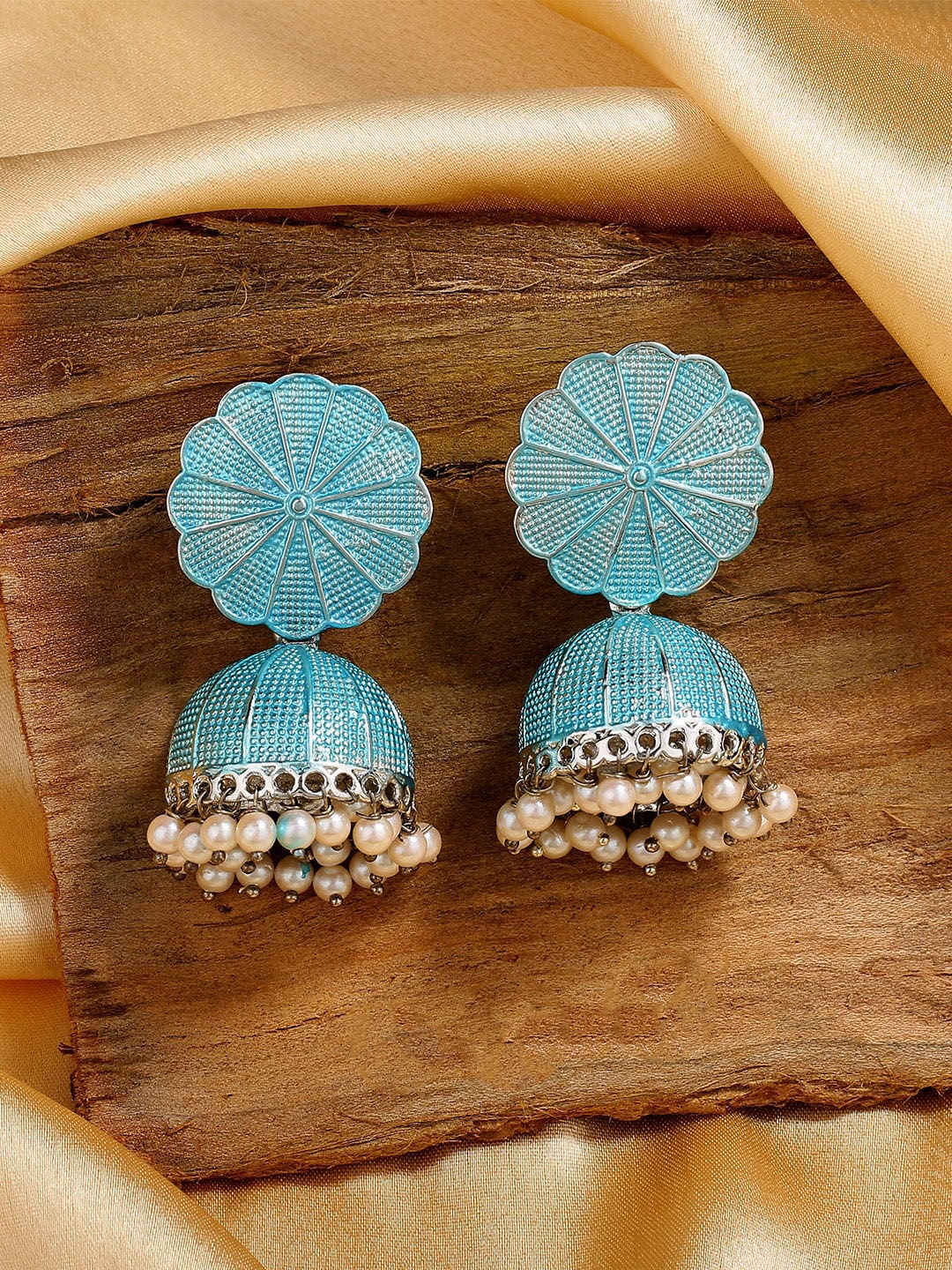 

Estele Rhodium-Plated Floral Jhumkas Earrings, Blue