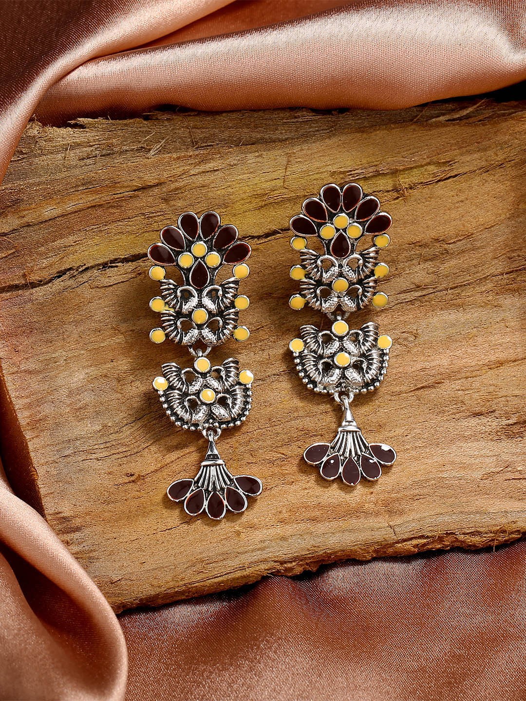 

Estele Rhodium-Plated Peacock Shaped Drop Earrings, Brown