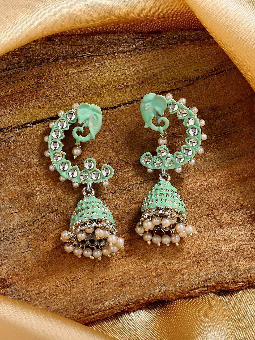 

Estele Rhodium-Plated Elephant Shaped Jhumkas Earrings, Green