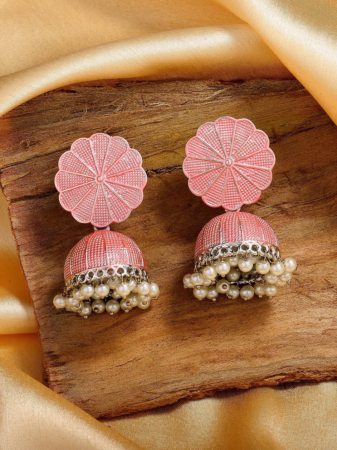 

Estele Rhodium-Plated Dome Shaped Jhumkas Earrings, Pink