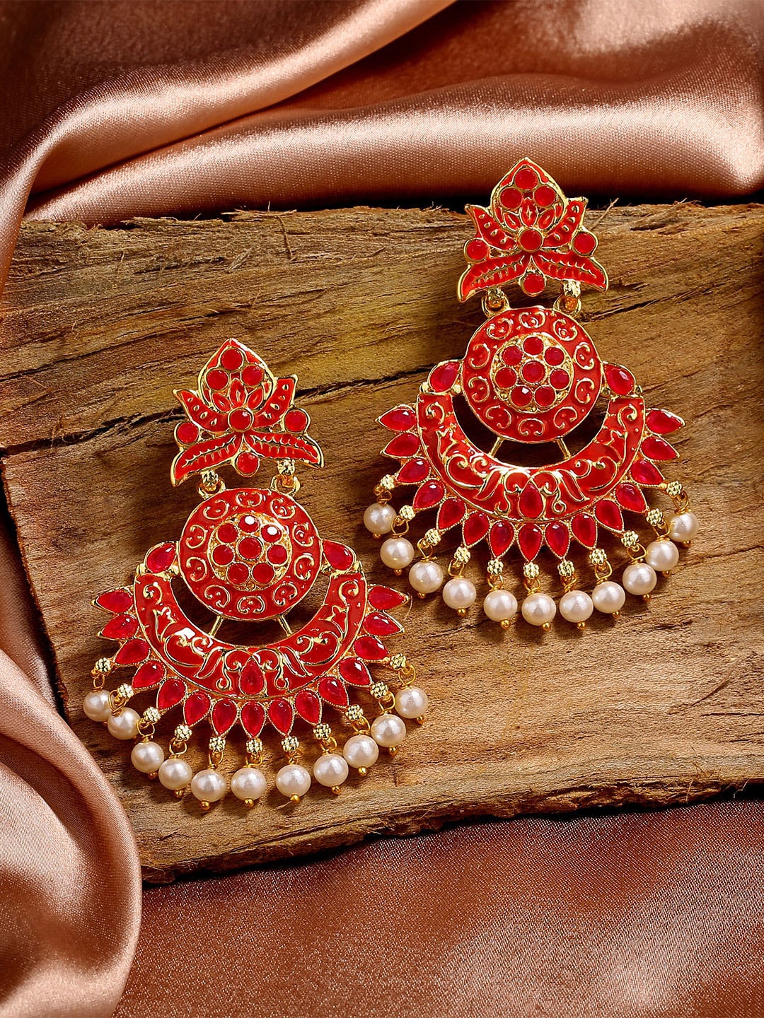 

Estele Gold-Plated Leaf Shaped Chandbalis Earrings, Red