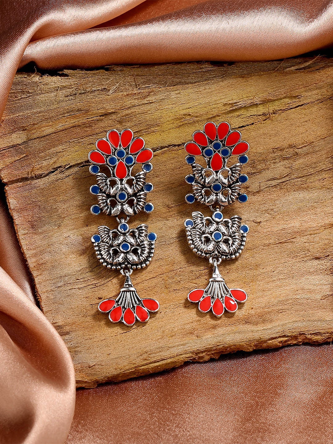 

Estele Peacock Shaped Drop Earrings, Red