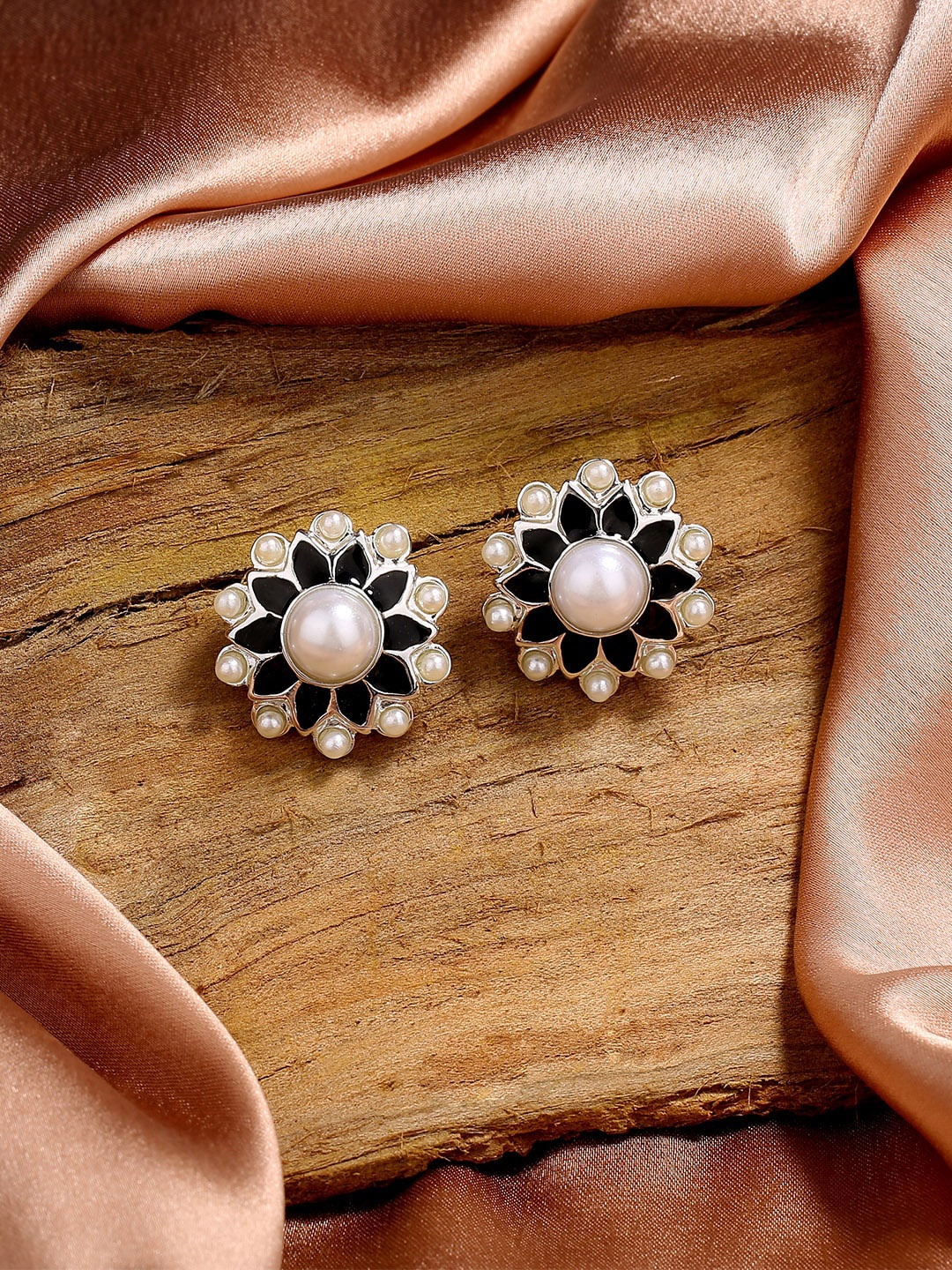 

Estele Rhodium-Plated Floral Studs Earrings, Black