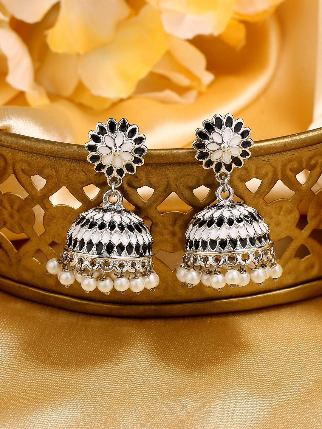 

Estele Rhodium-Plated Floral Jhumkas Earrings, Black