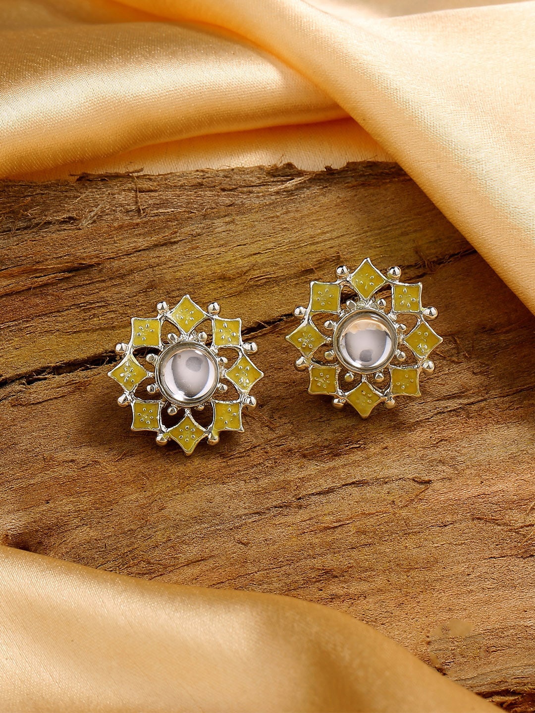 

Estele Rhodium-Plated Floral Studs Earrings, Yellow