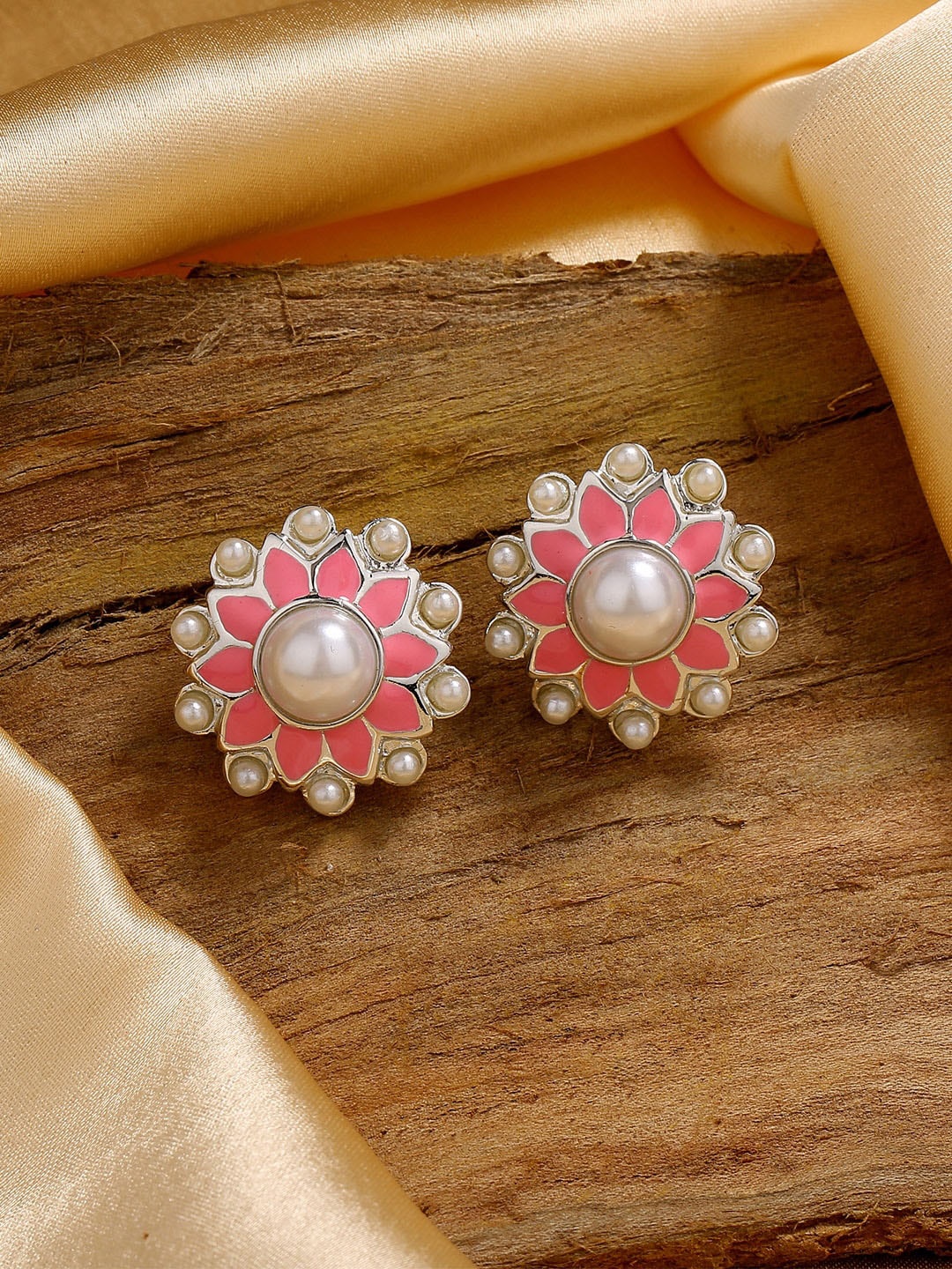 

Estele Rhodium-Plated Floral Studs Earrings, Pink
