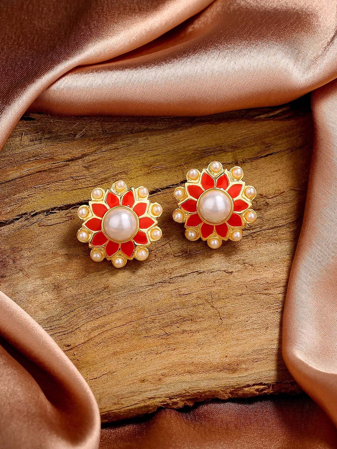 

Estele Gold Plated Floral Studs Earrings, Red