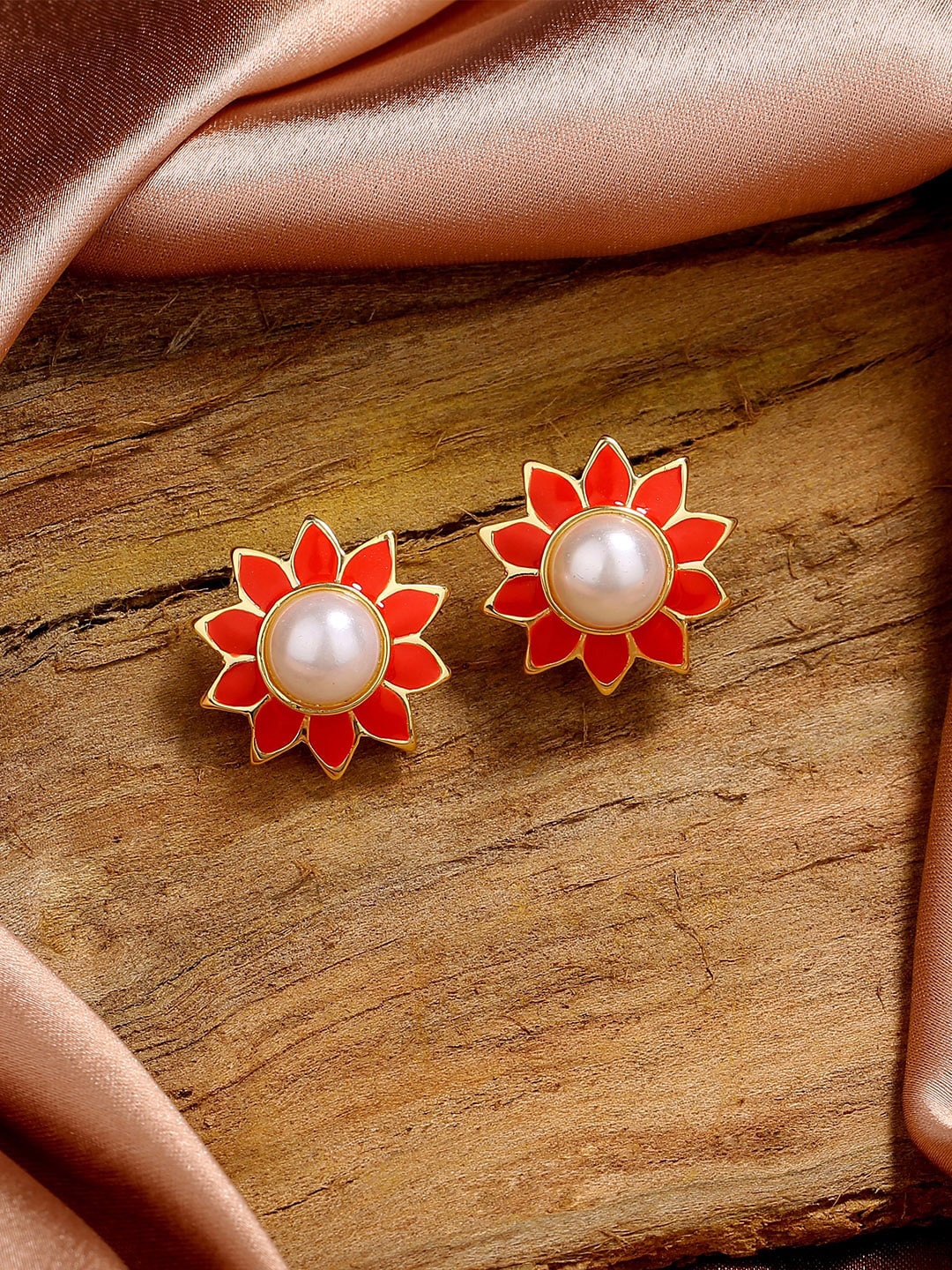 

Estele Gold Plated Floral Studs Earrings, Orange
