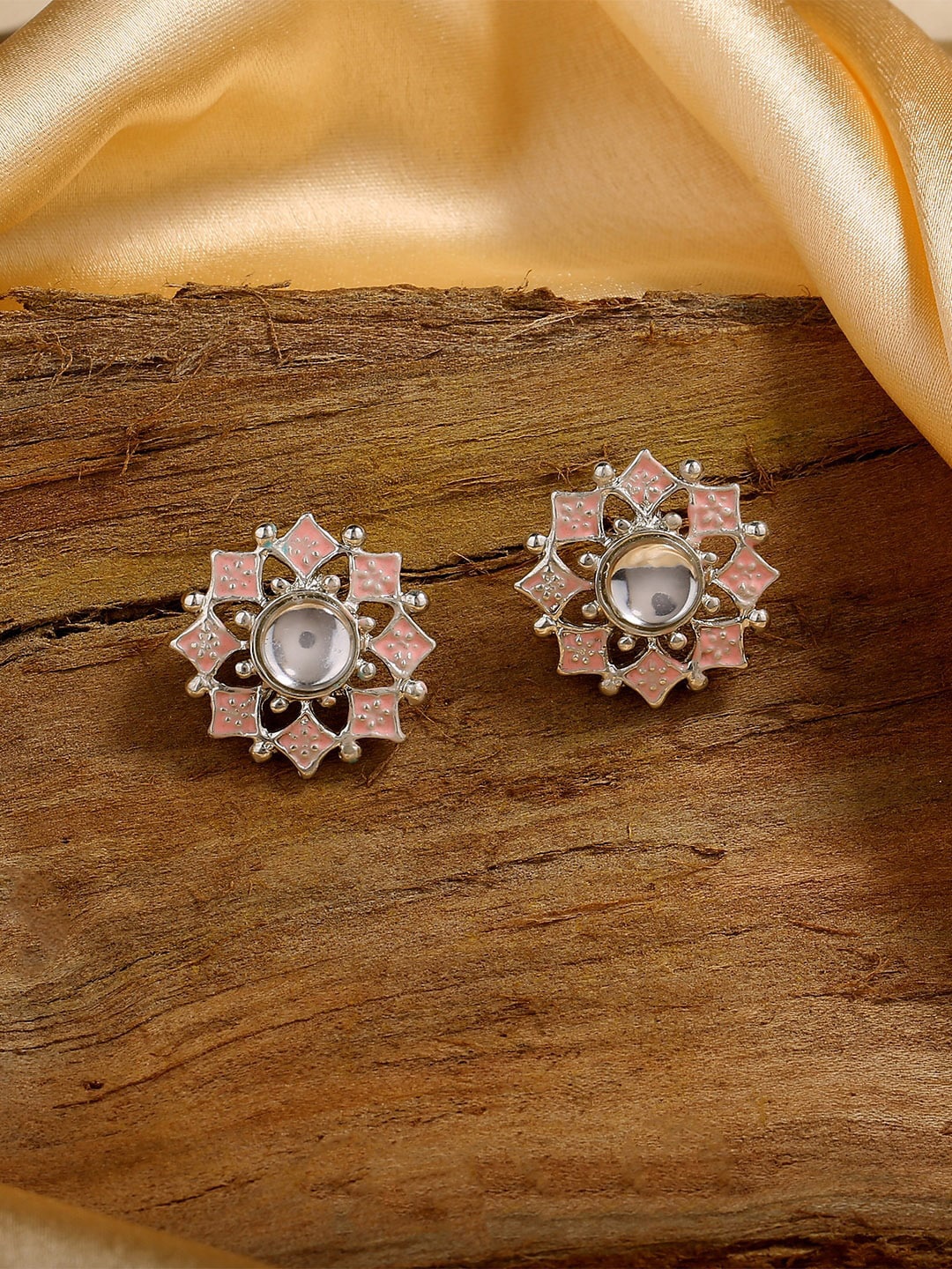 

Estele Rhodium Plated Floral Studs Earrings, Pink