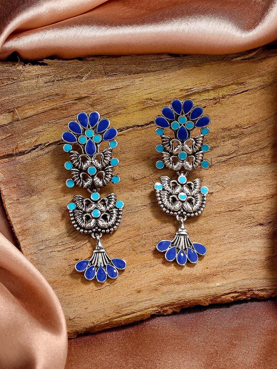 Estele Rhodium Plated Peacock Shaped Drop Earrings, Navy blue