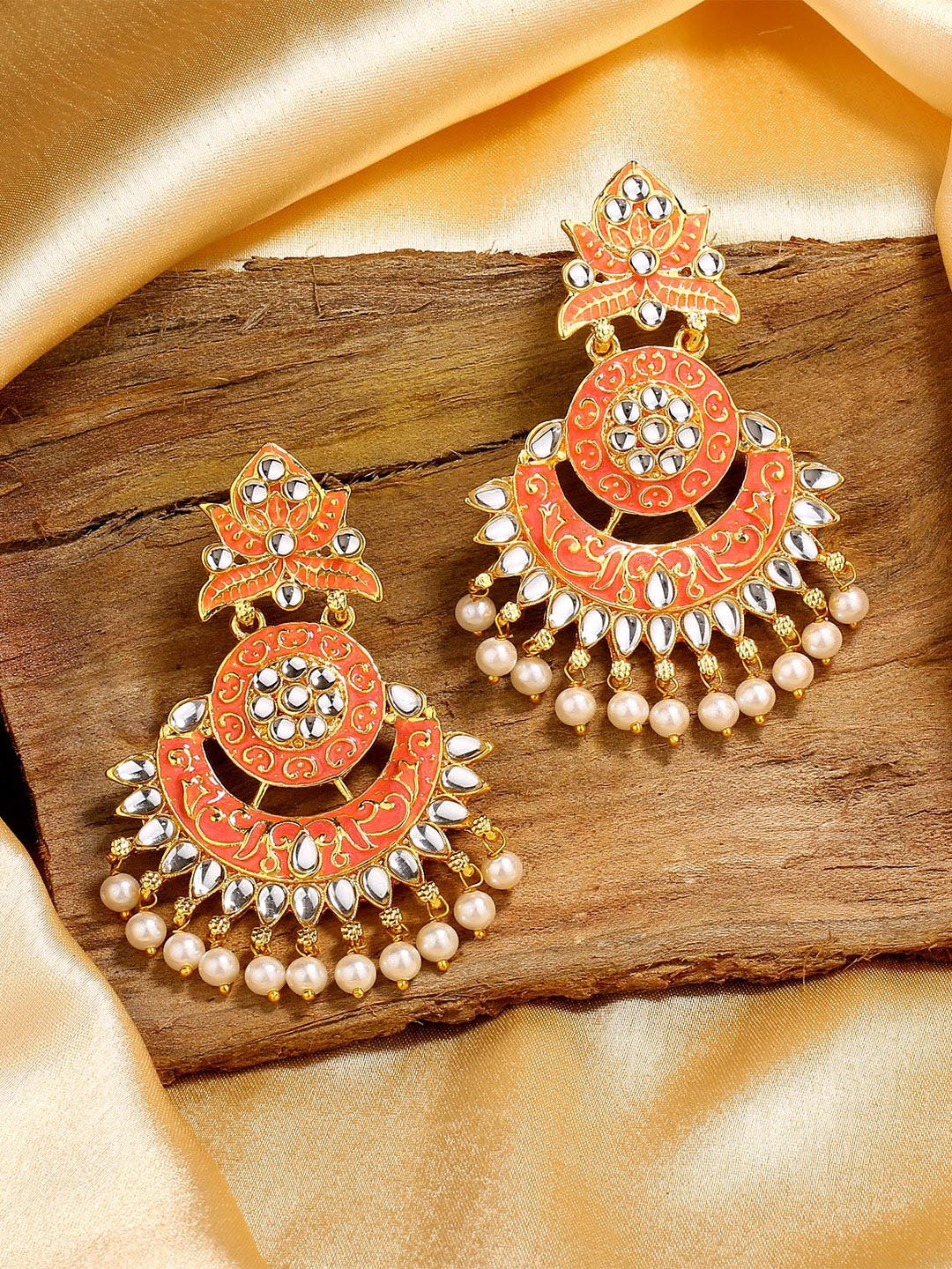 

Estele Rhodium Plated Leaf Shaped Chandbalis Earrings, Orange