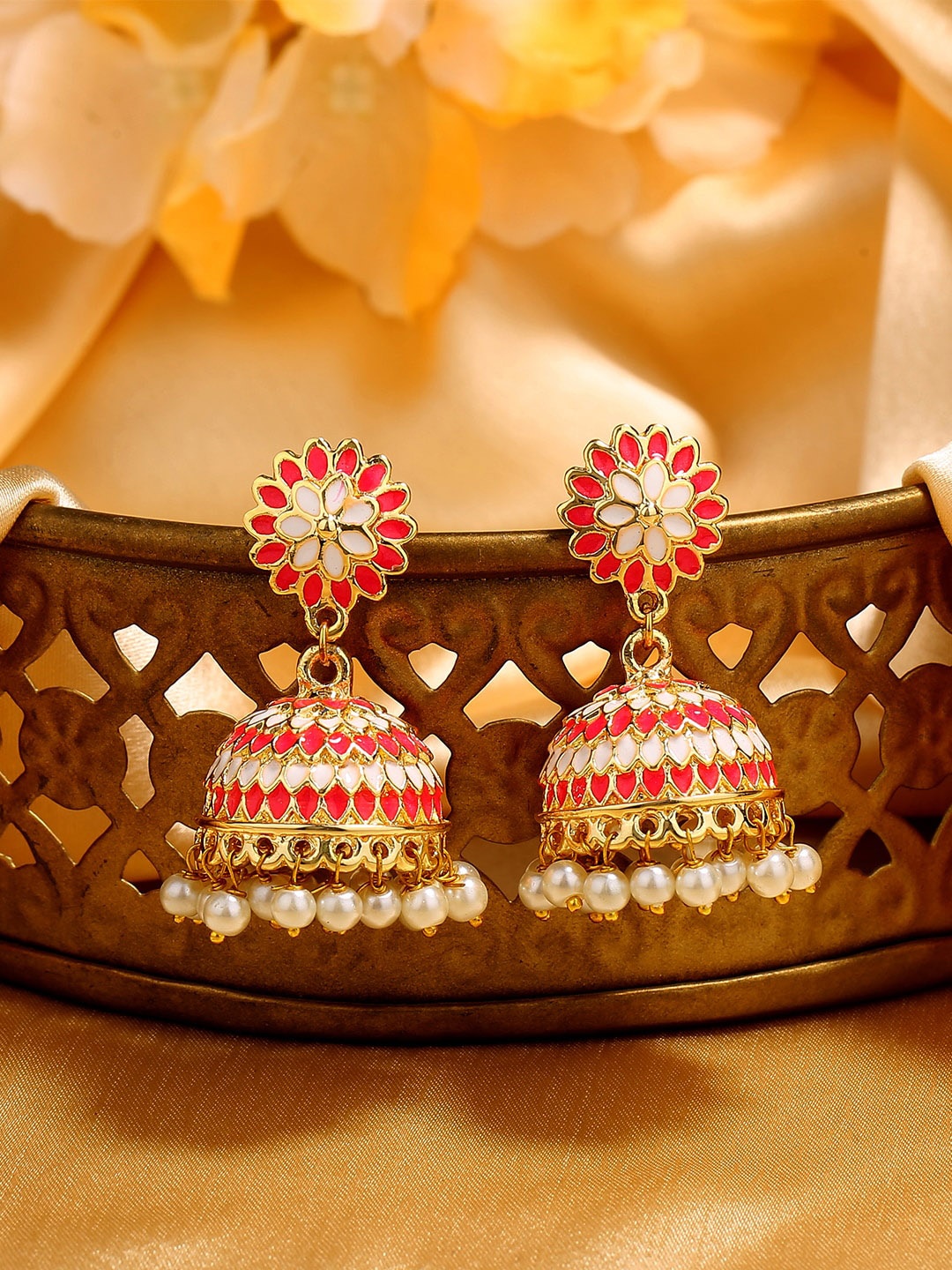 

Estele Gold Plated Floral Jhumkas Earrings, Red