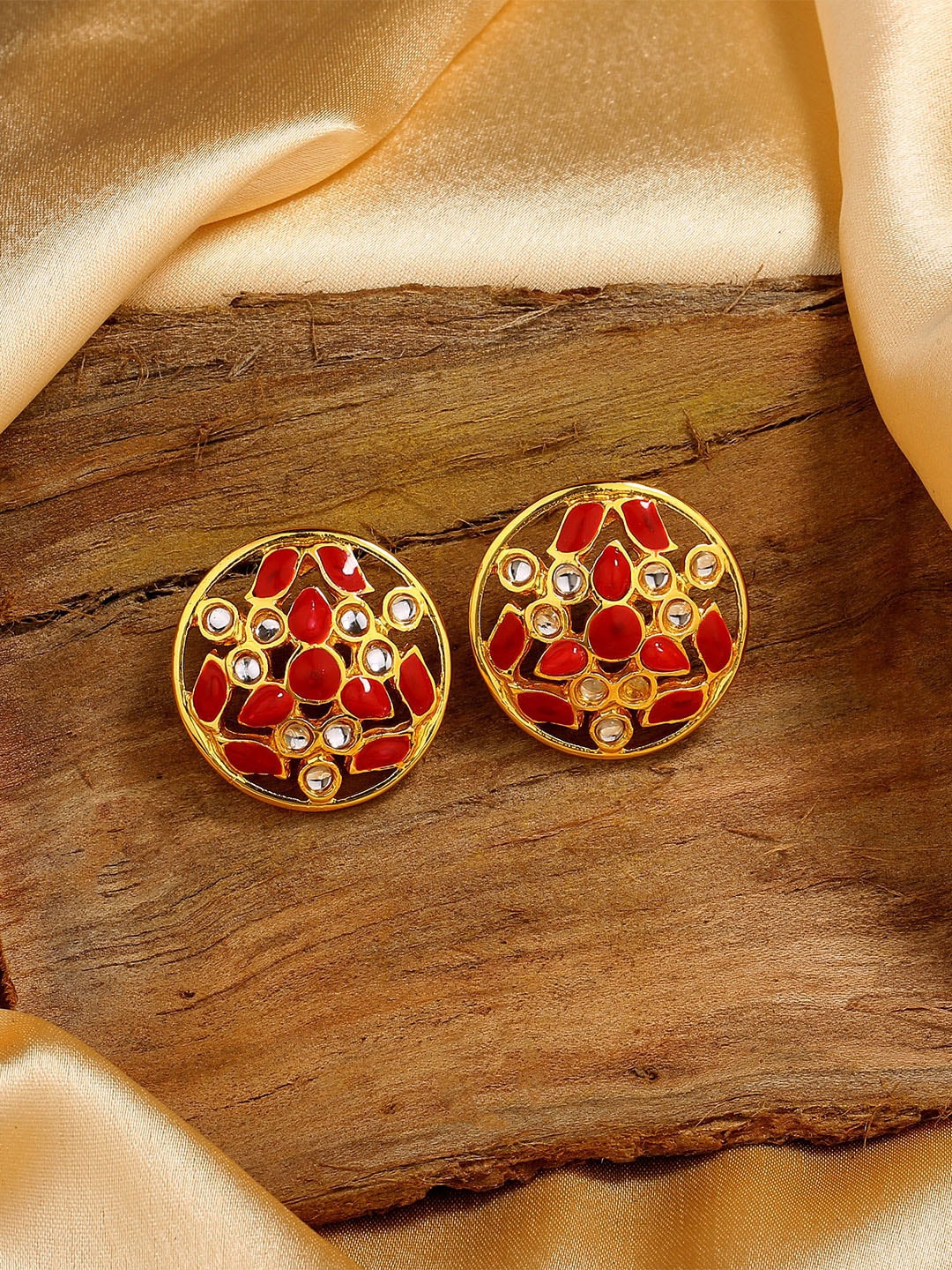 

Estele Gold Plated Circular Studs Earrings, Red
