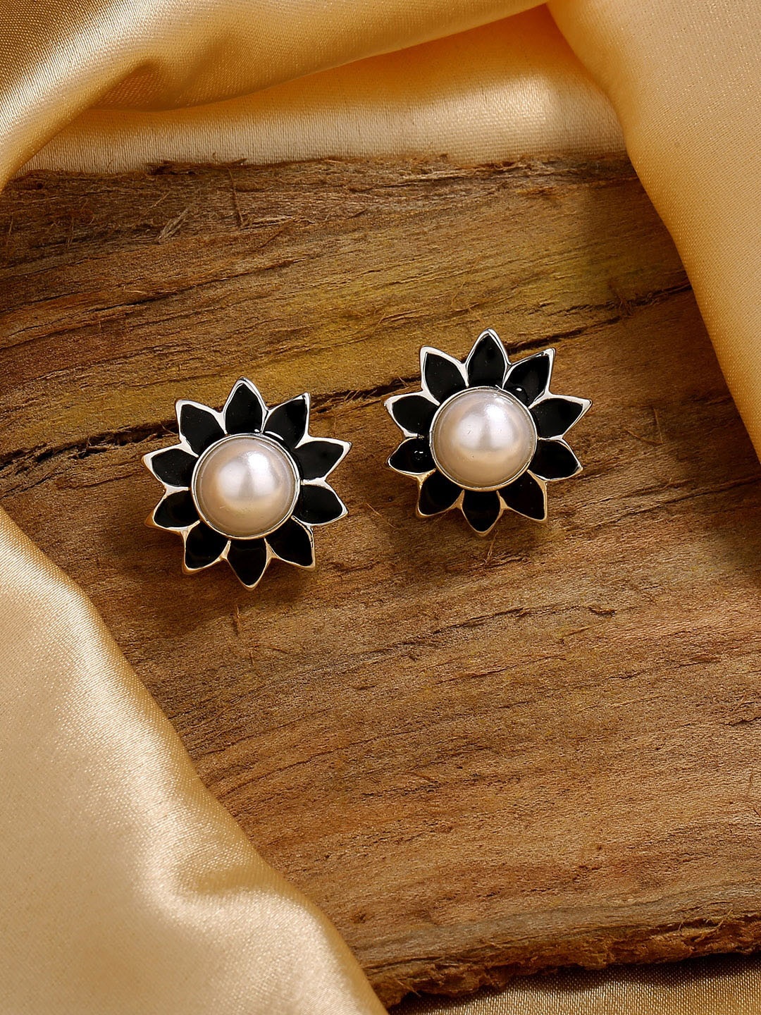 

Estele Rhodium Plated Floral Studs Earrings, Black