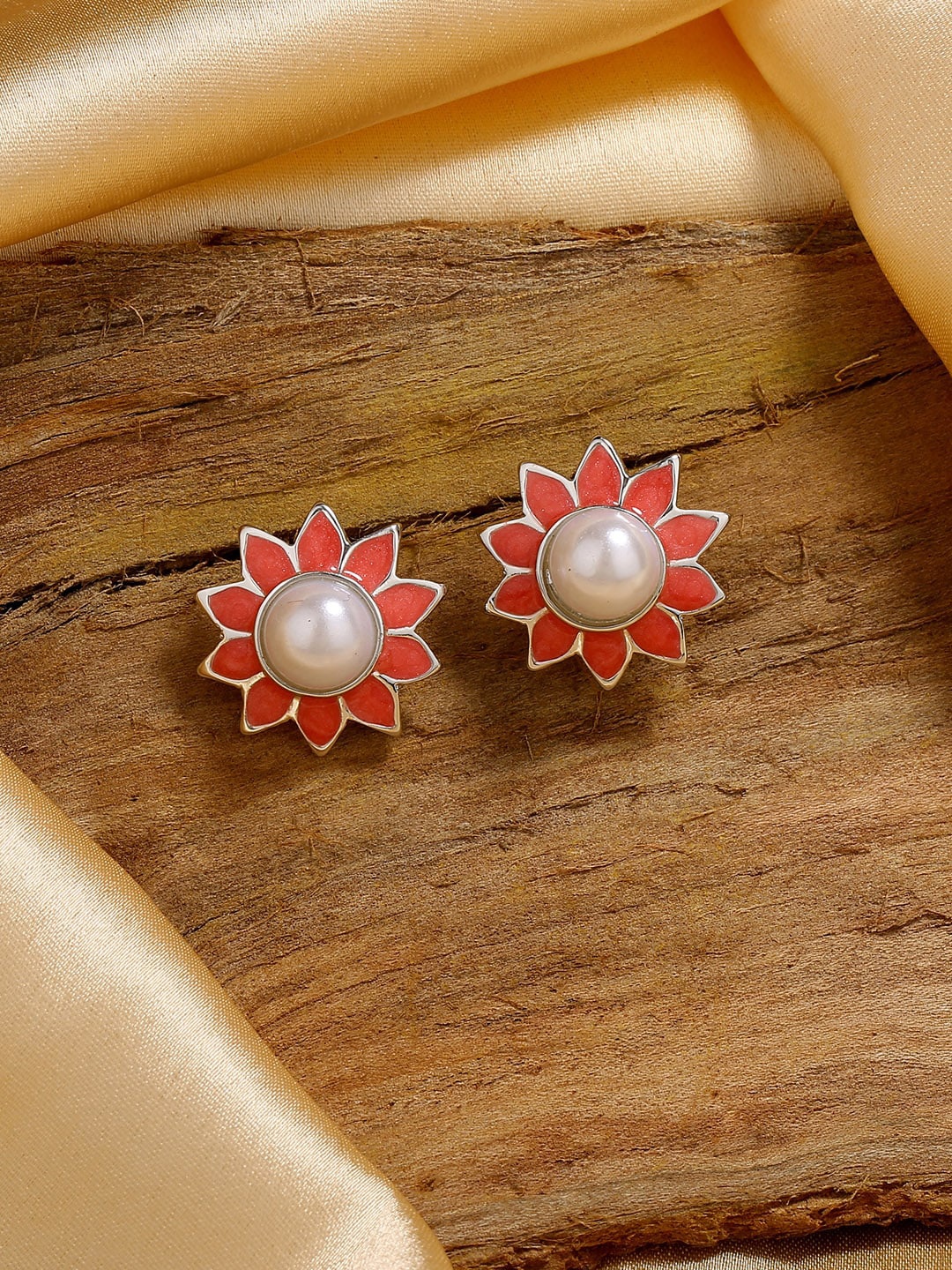 

Estele Rhodium Plated Floral Studs Earrings, Pink