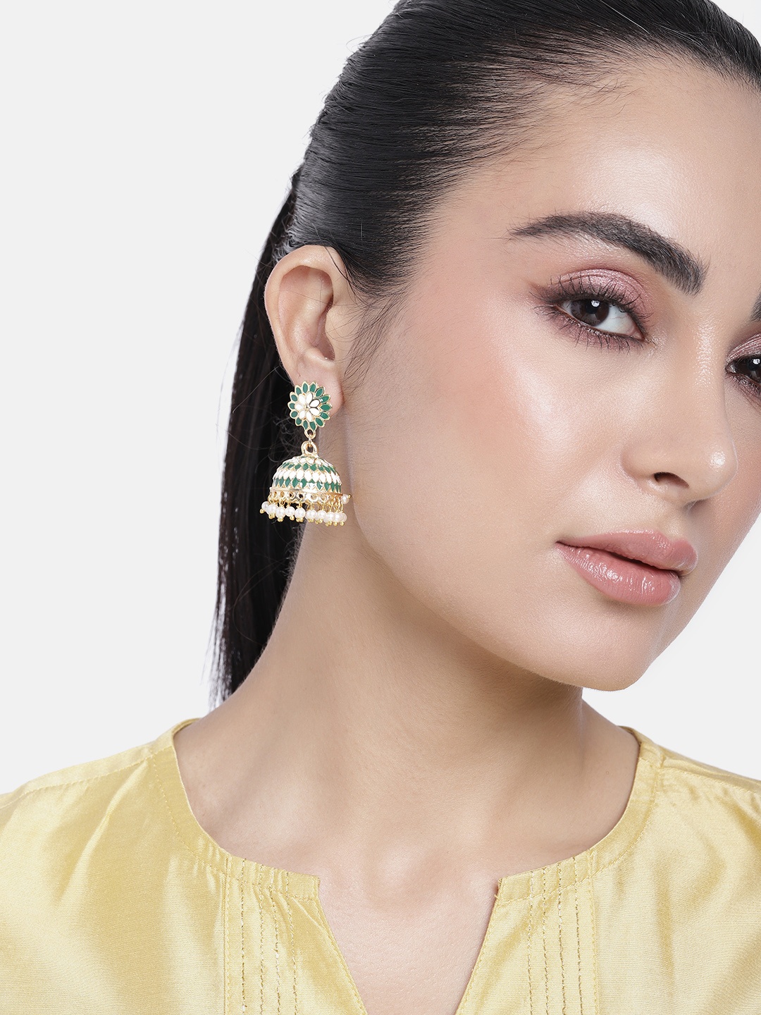 

Estele Gold Plated Floral Jhumkas Earrings, Green