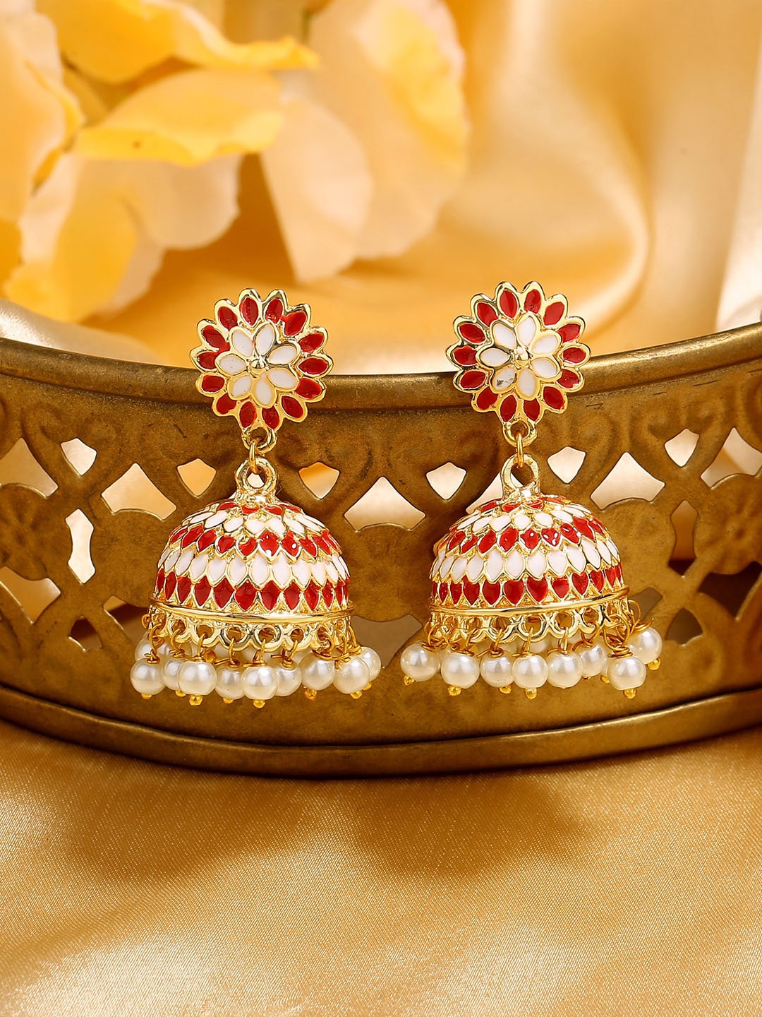 

Estele Gold Plated Floral Jhumkas Earrings, Red