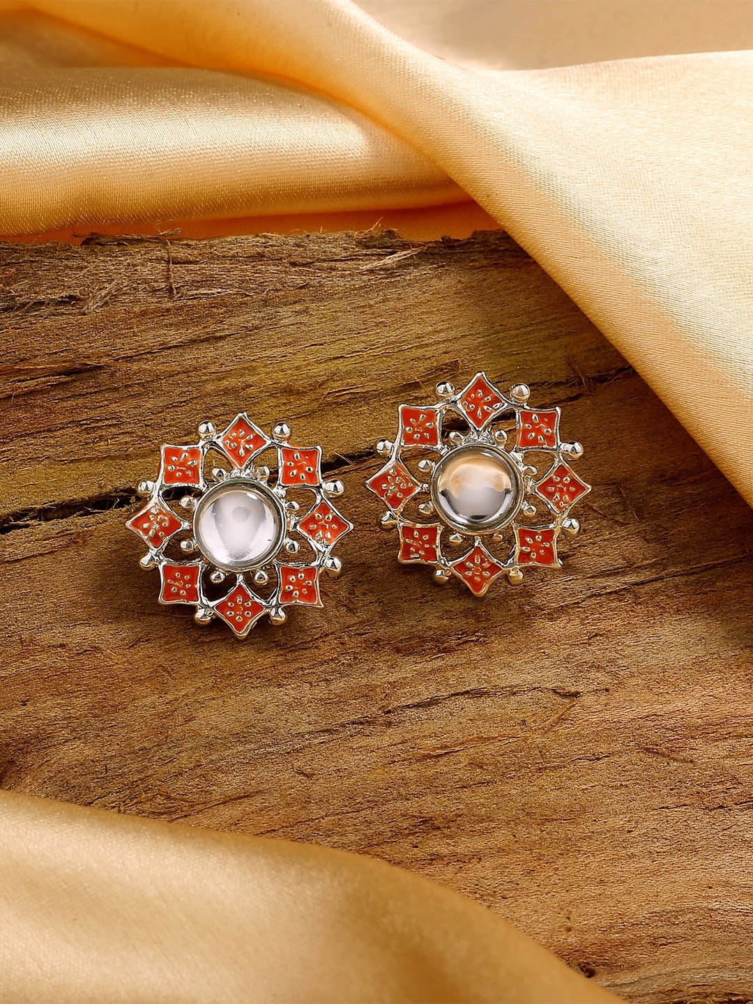 

Estele Rhodium Plated Floral Studs Earrings, Orange