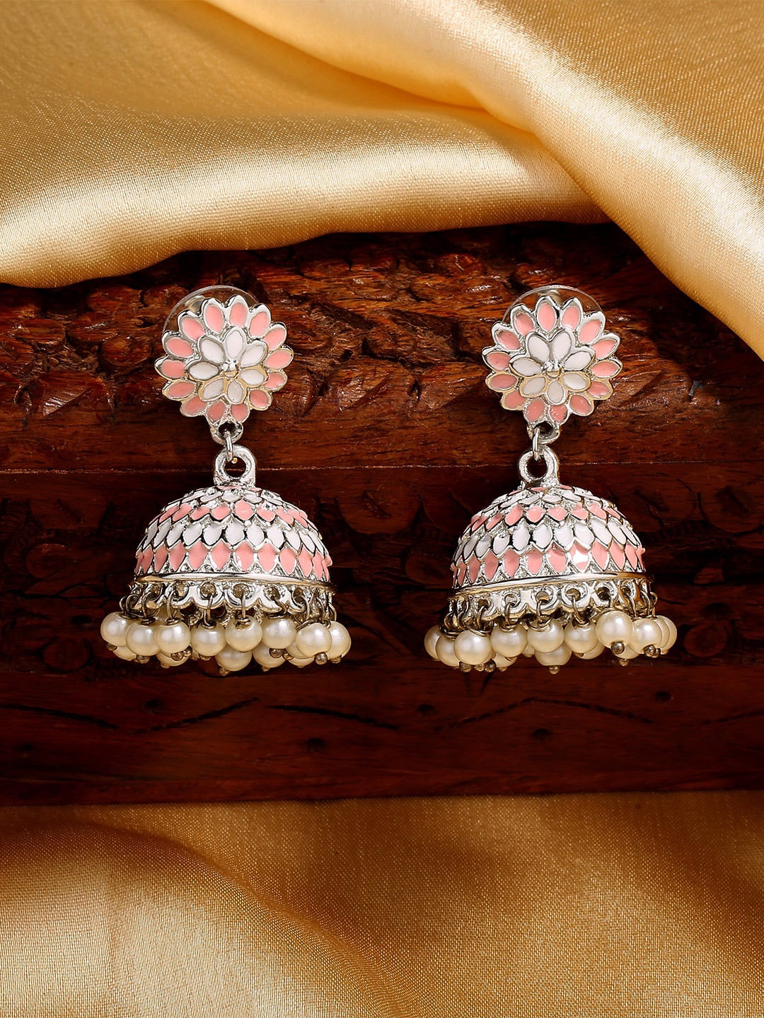 

Estele Rhodium-Plated Floral Jhumkas Earrings, Pink