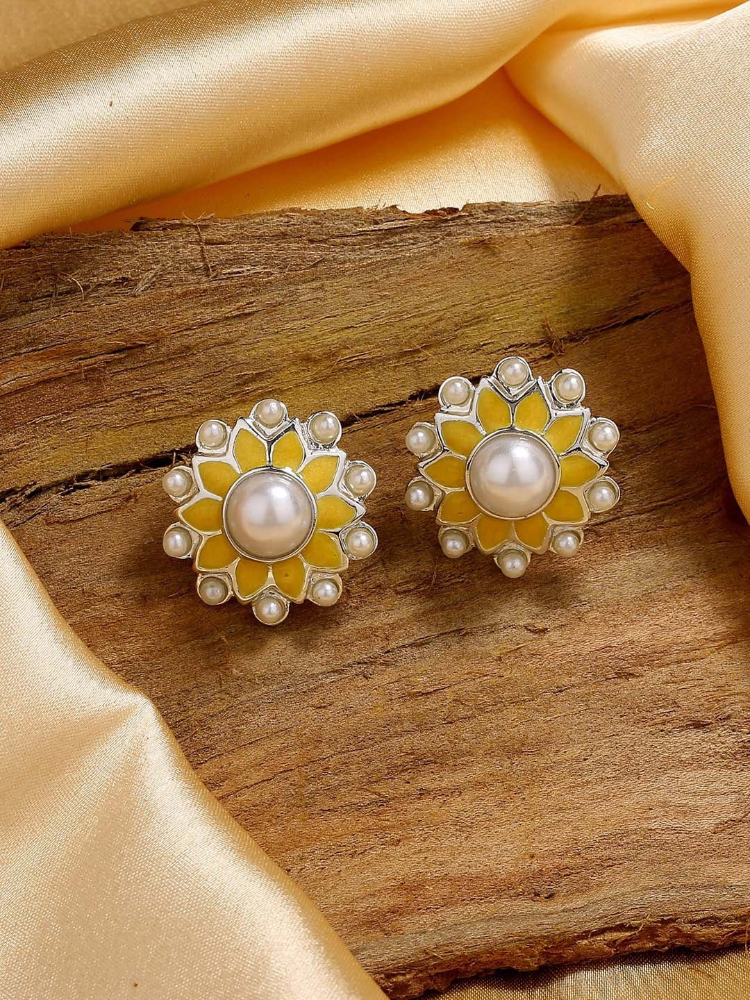 

Estele Rhodium-Plated Floral Studs Earrings, Yellow