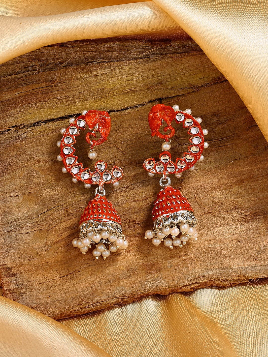 

Estele Rhodium-Plated Animal Shaped Jhumkas Earrings, Red