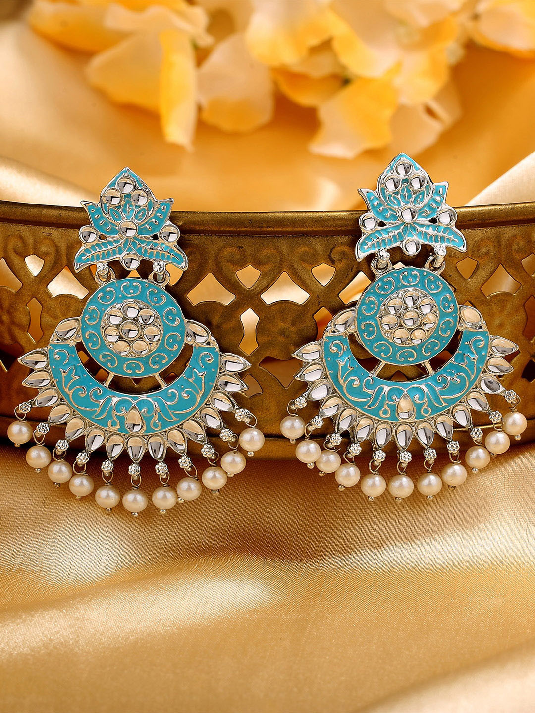 

Estele Rhodium-Plated Leaf Shaped Chandbalis Earrings, Blue