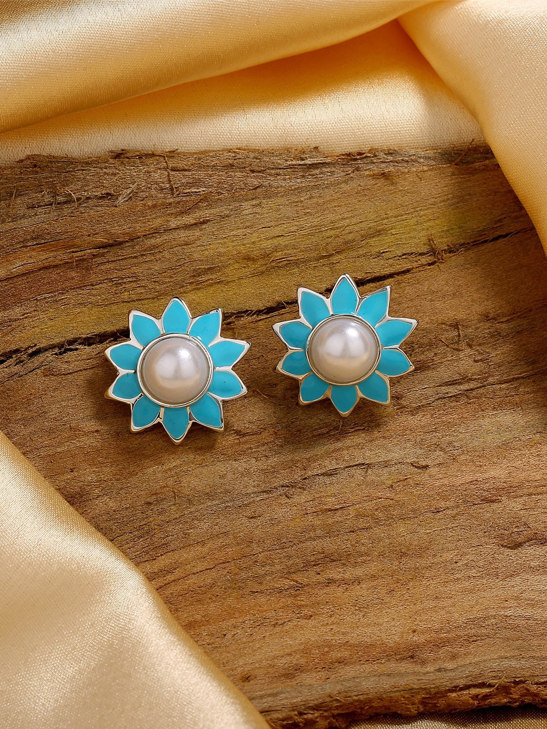 

Estele Rhodium-Plated Floral Studs Earrings, Blue