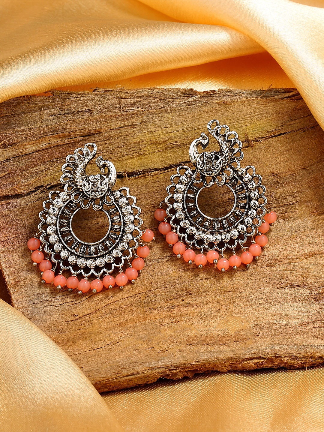 

Estele Rhodium-Plated Peacock Shaped Drop Earrings, Orange