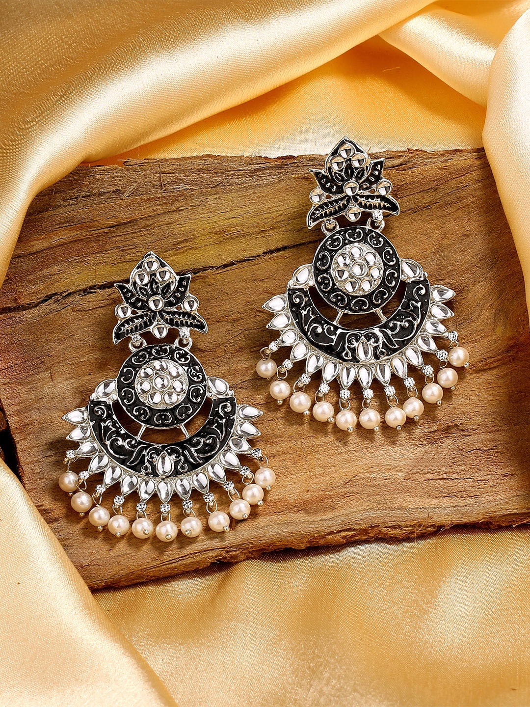 

Estele Rhodium-Plated Leaf Shaped Chandbalis Earrings, Black