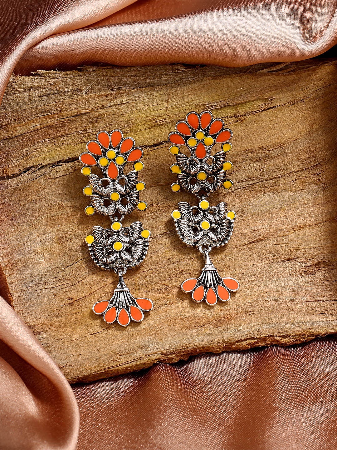 

Estele Rhodium-Plated Peacock Shaped Drop Earrings, Orange