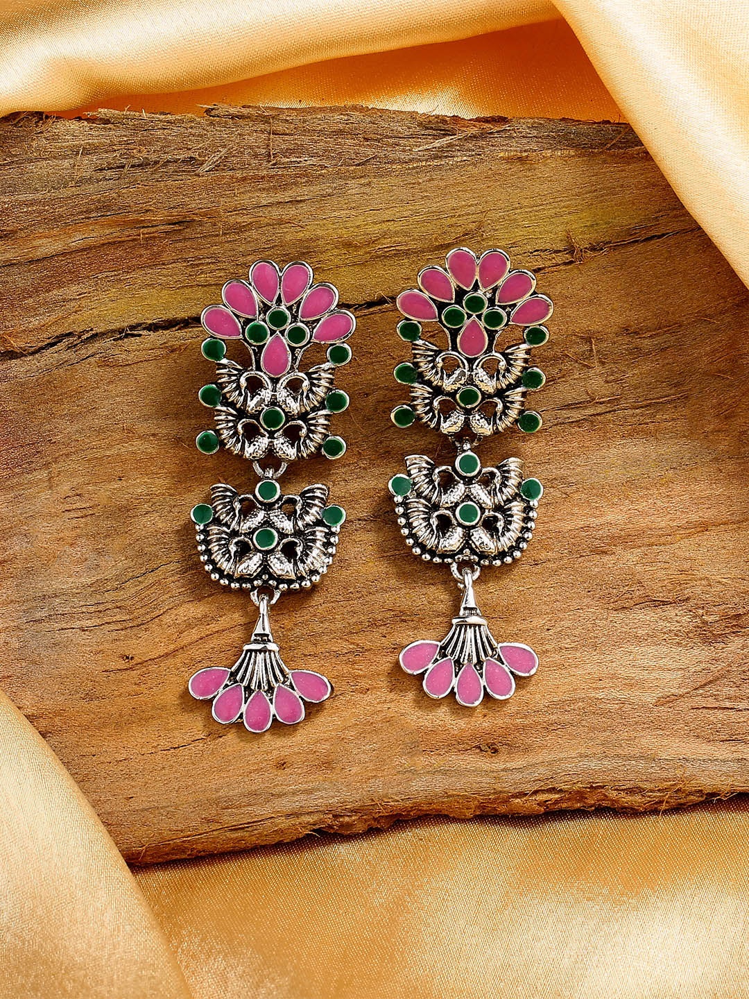 

Estele Rhodium-Plated Peacock Shaped Drop Earrings, Pink