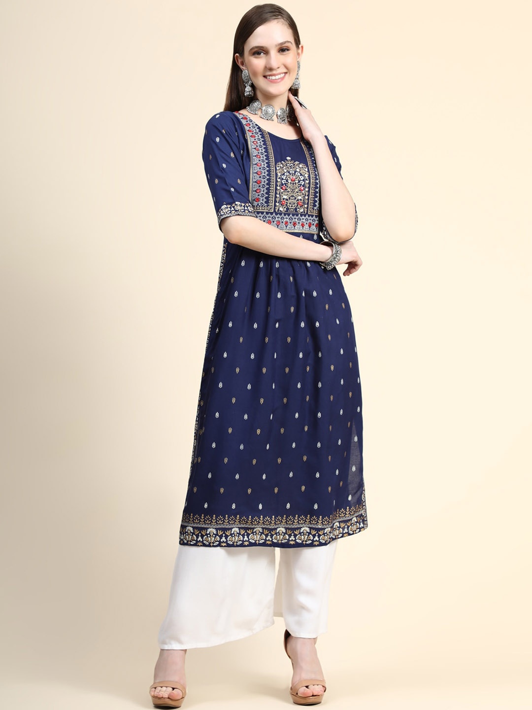 

Angroop Ethnic Motifs Printed Mirror Work Pleated Straight Kurta, Blue