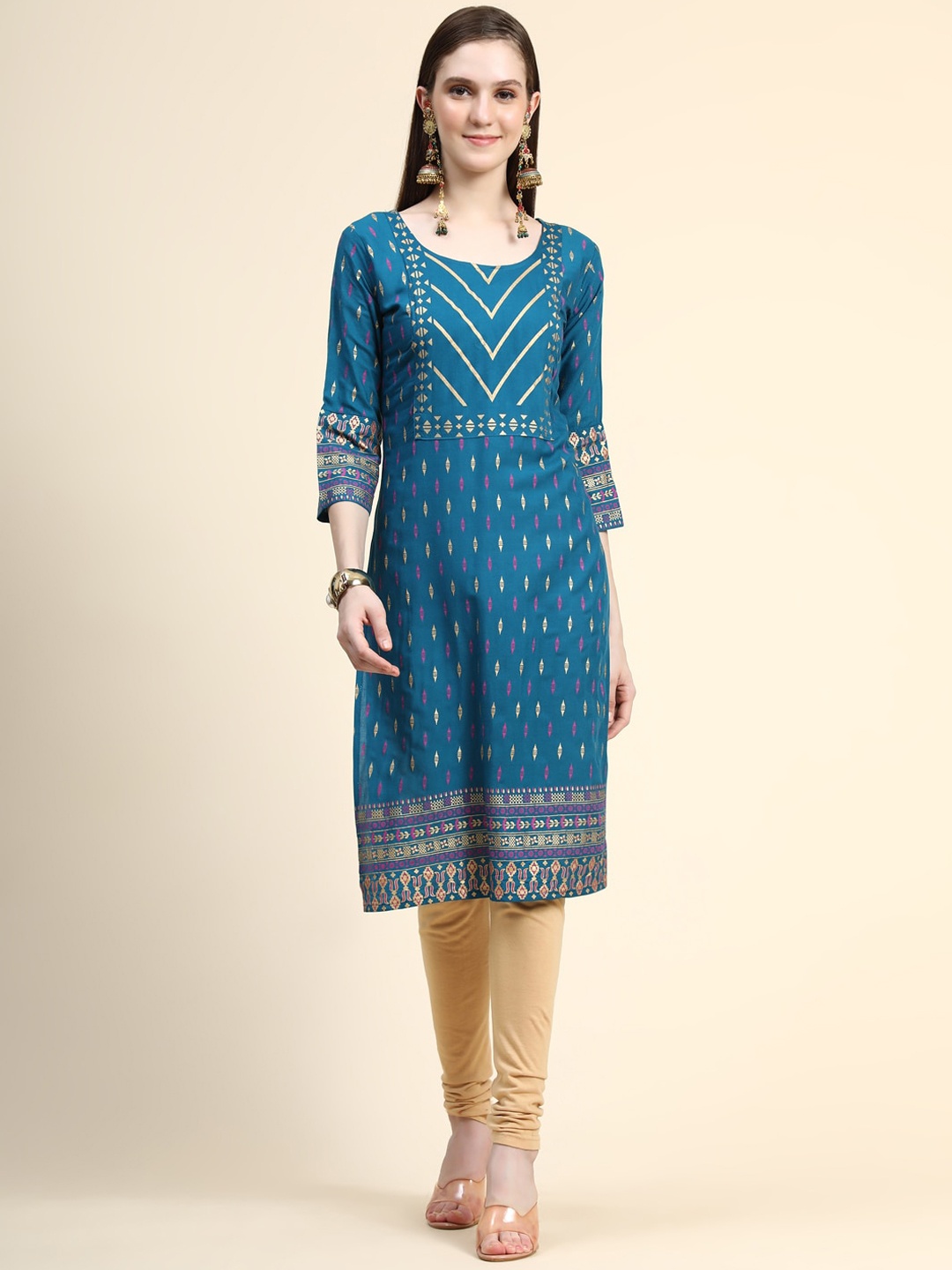

Angroop Geometric Printed Straight Kurta, Teal