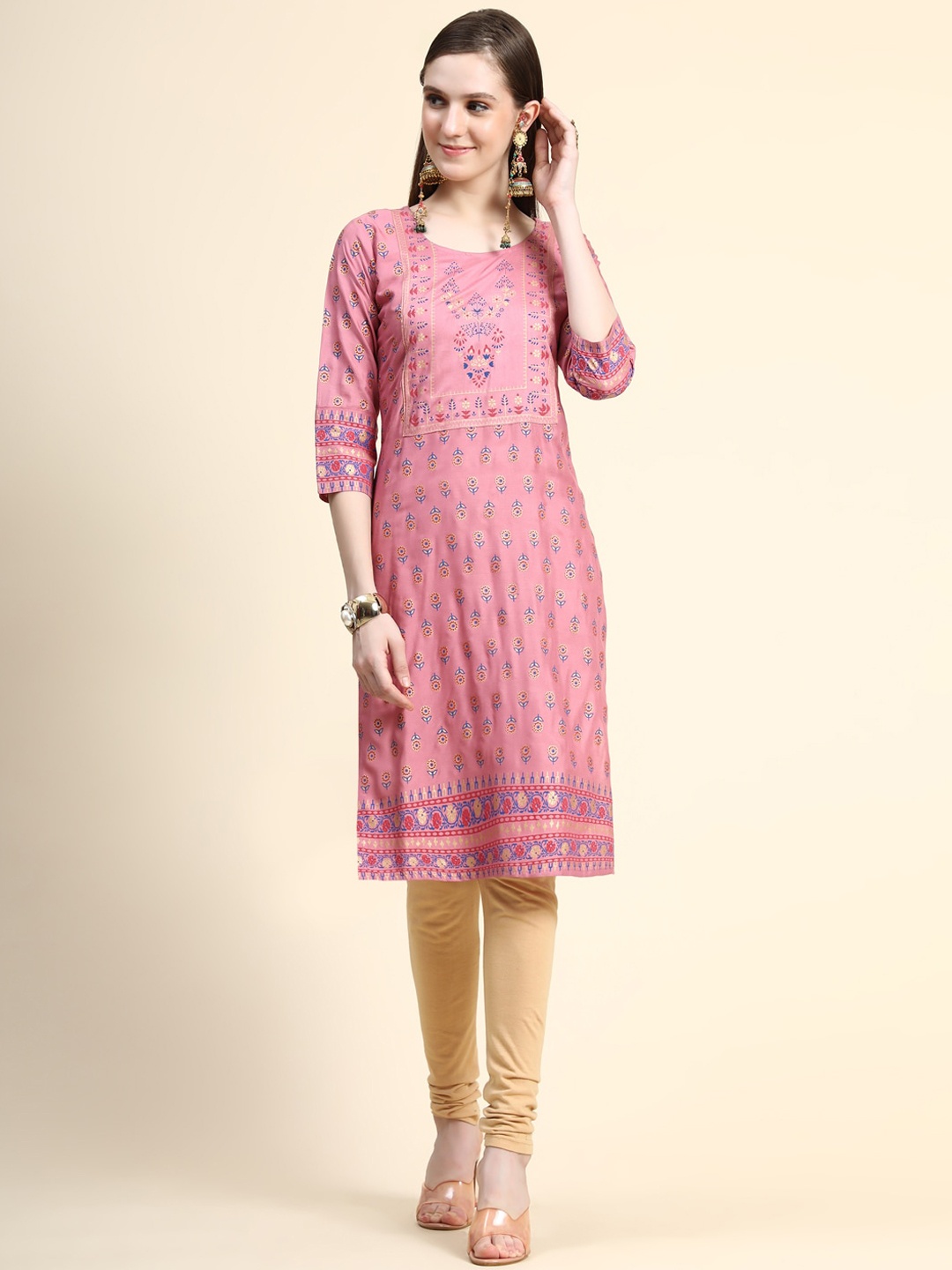 

Angroop Ethnic Motifs Foil Printed With Mirror Work Kurta, Pink