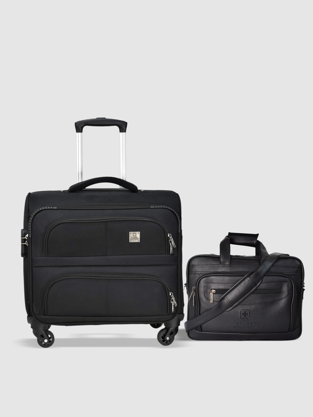 

SWISS MILITARY Set Of 2 Soft-Sided Overnighter Trolley Bag And Laptop Bag, Black