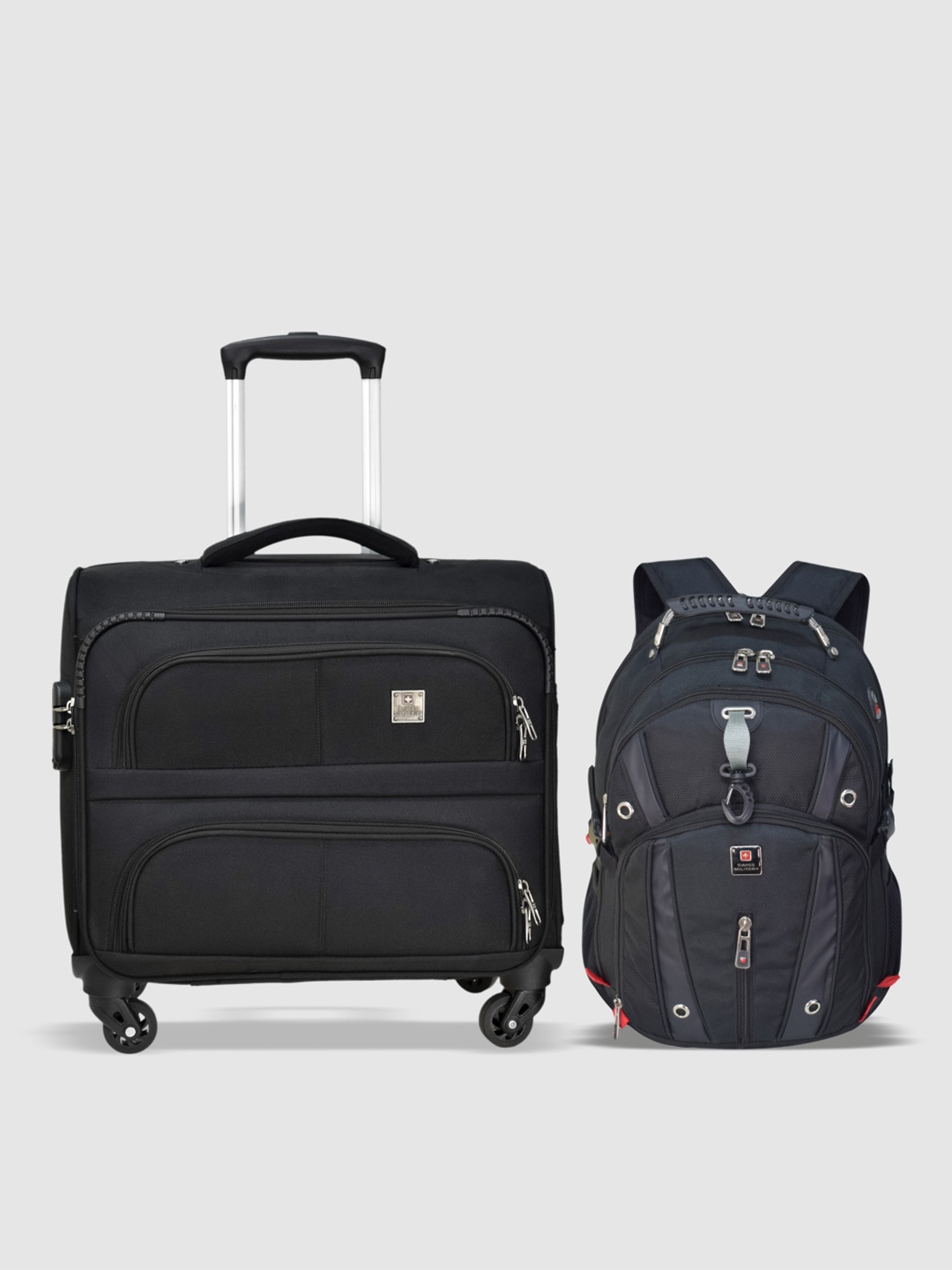 

SWISS MILITARY Set Of 2 Textured Soft-Sided Small Trolley Overnighter And Laptop Bagpack, Black