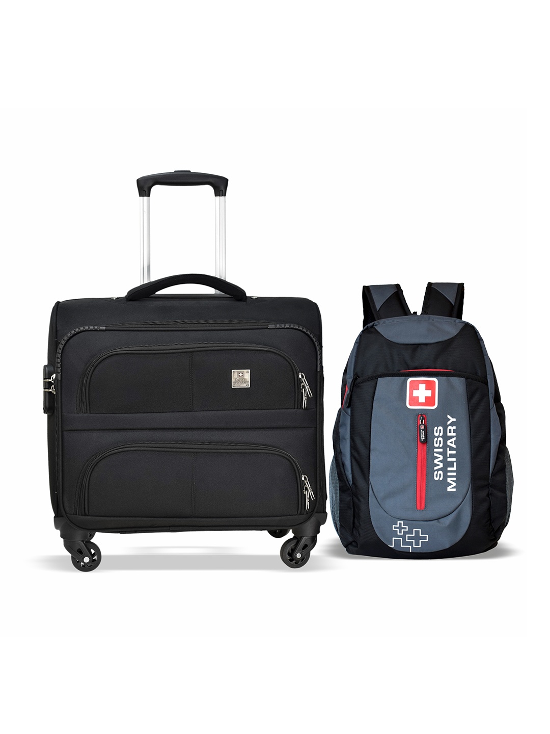 

SWISS MILITARY Set Of 2 Textured Soft-Sided Small Trolley Overnighter & Laptop Backpack, Black