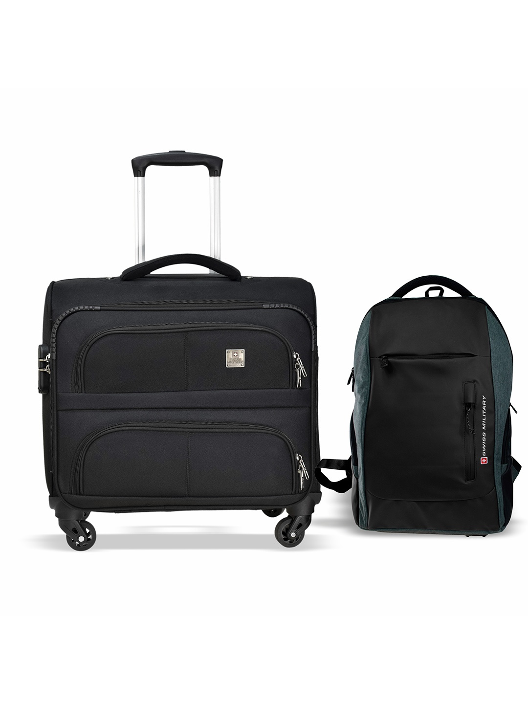 

SWISS MILITARY Set Of 2 Textured Soft-Sided Small Trolley Overnighter & Laptop Backpack, Black