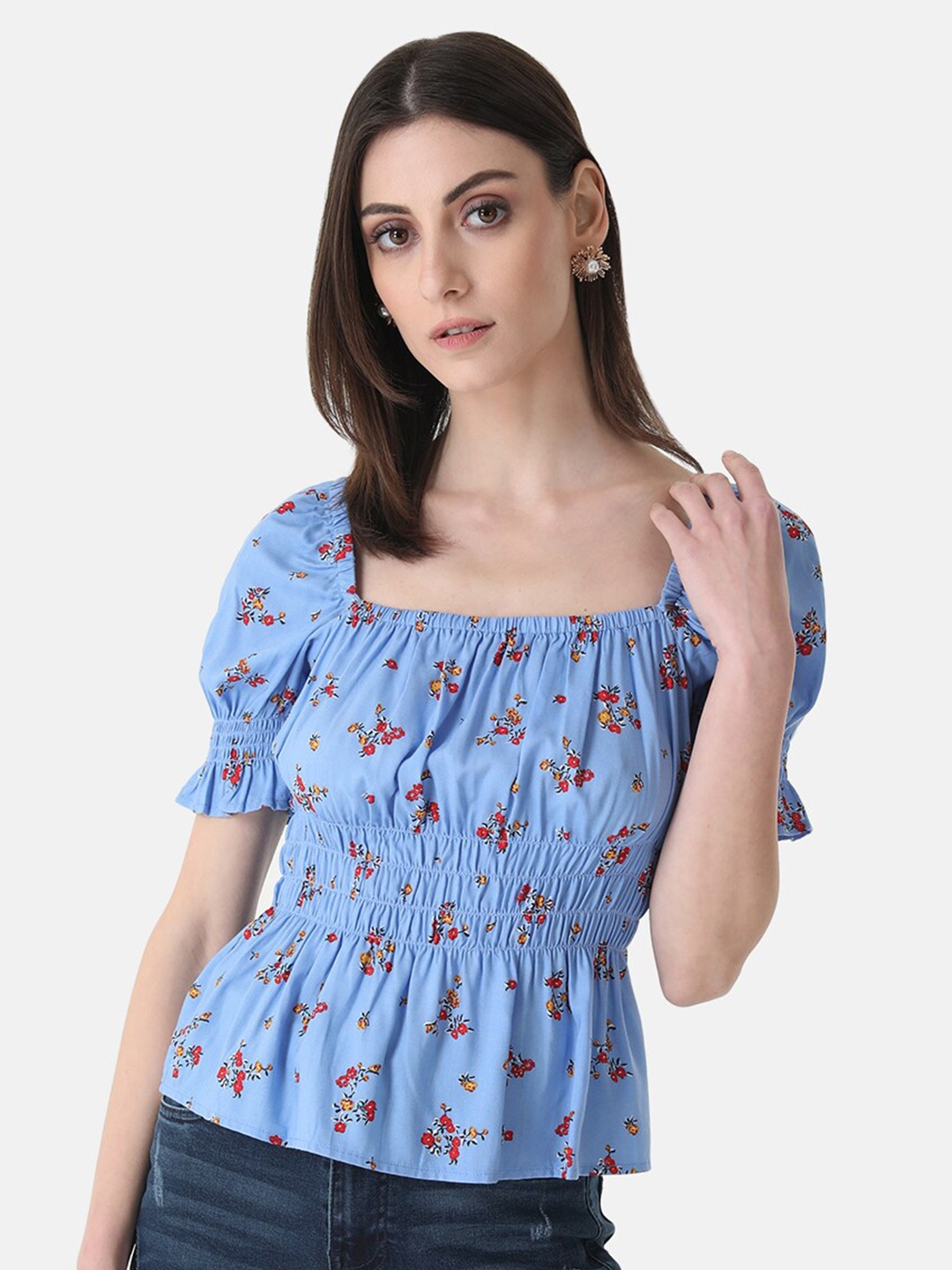 

Kazo Floral Printed Smocked Top, Blue